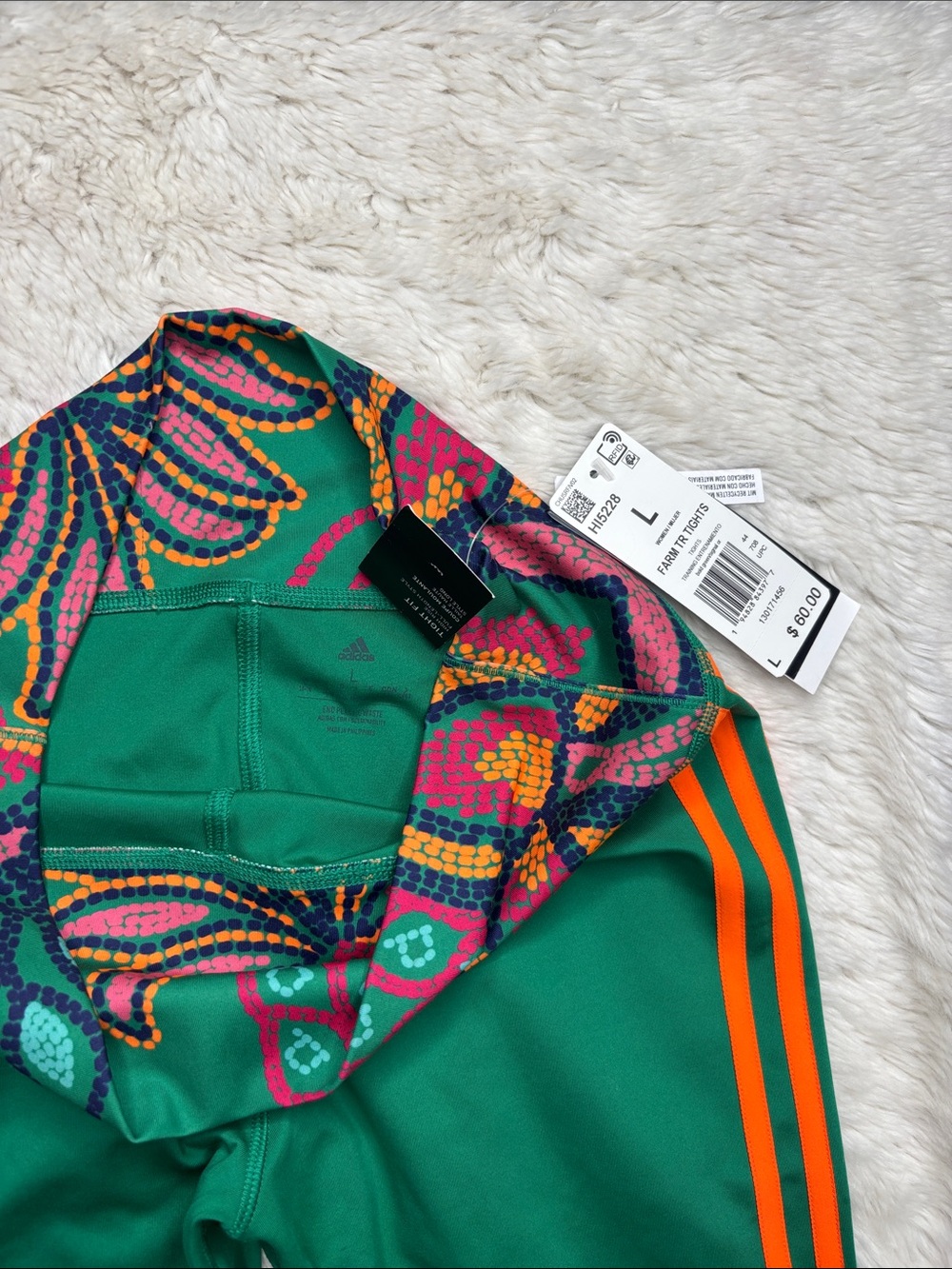 adidas Green Leggings with Orange Stripes and Patterned Waistband - Picture 3 of 4